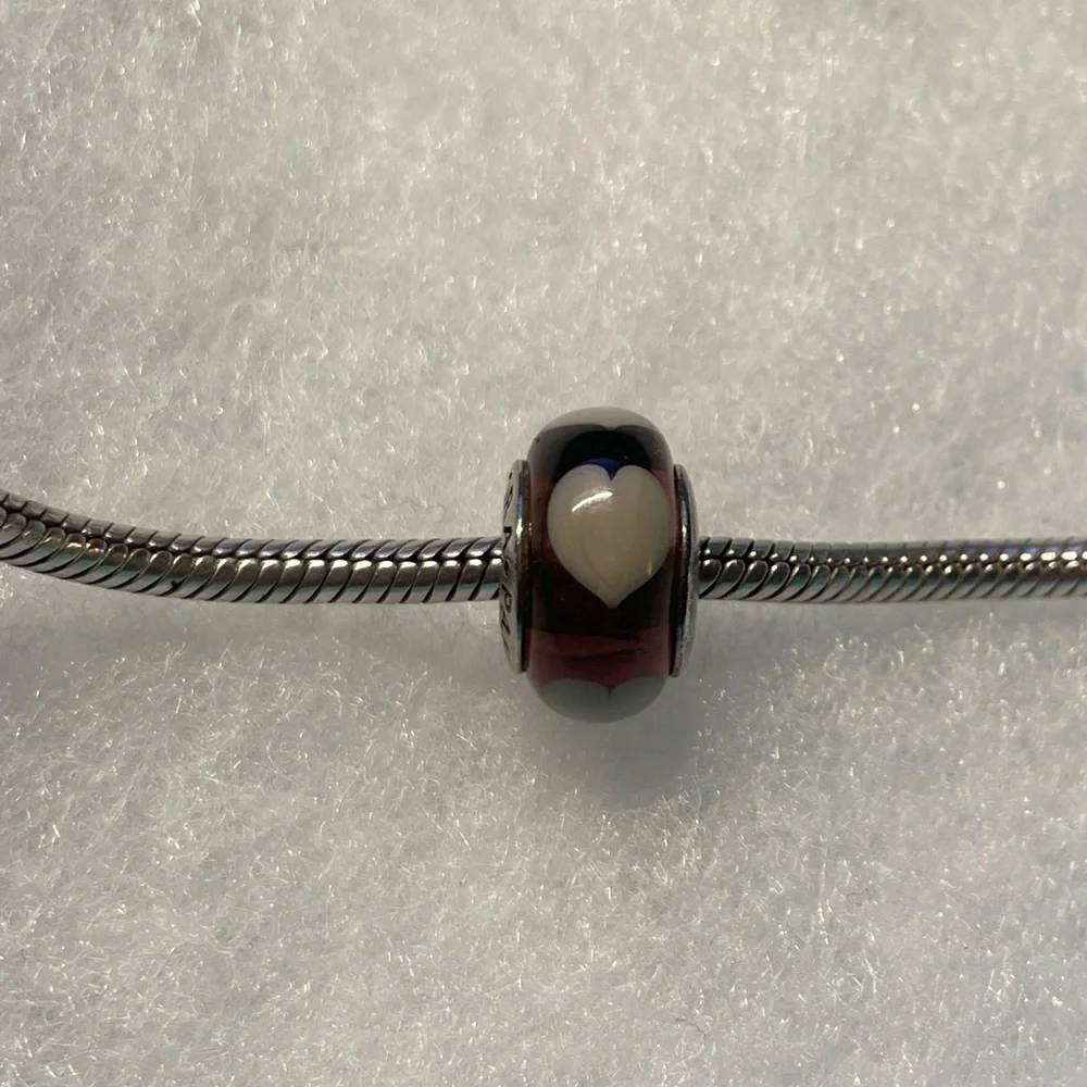 Pandora Purple White Heart Murano Glass Charm - Picture 1 of 2